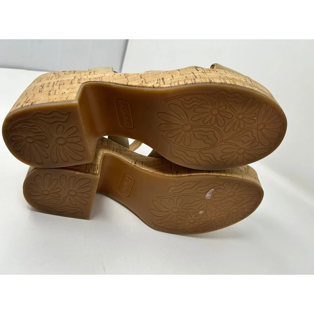 Korks Tan Cork Platform Block Heel Sandals Retro Floral Footbed Womens Size 10M
